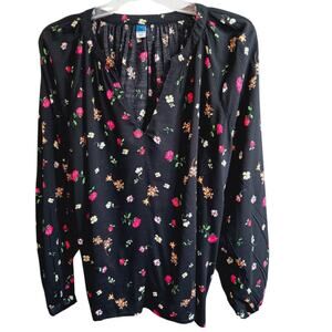 NEW OLD NAVY Black Floral Flowy Top Blouse Large Peasant Bloom Romantic‎ Gathers